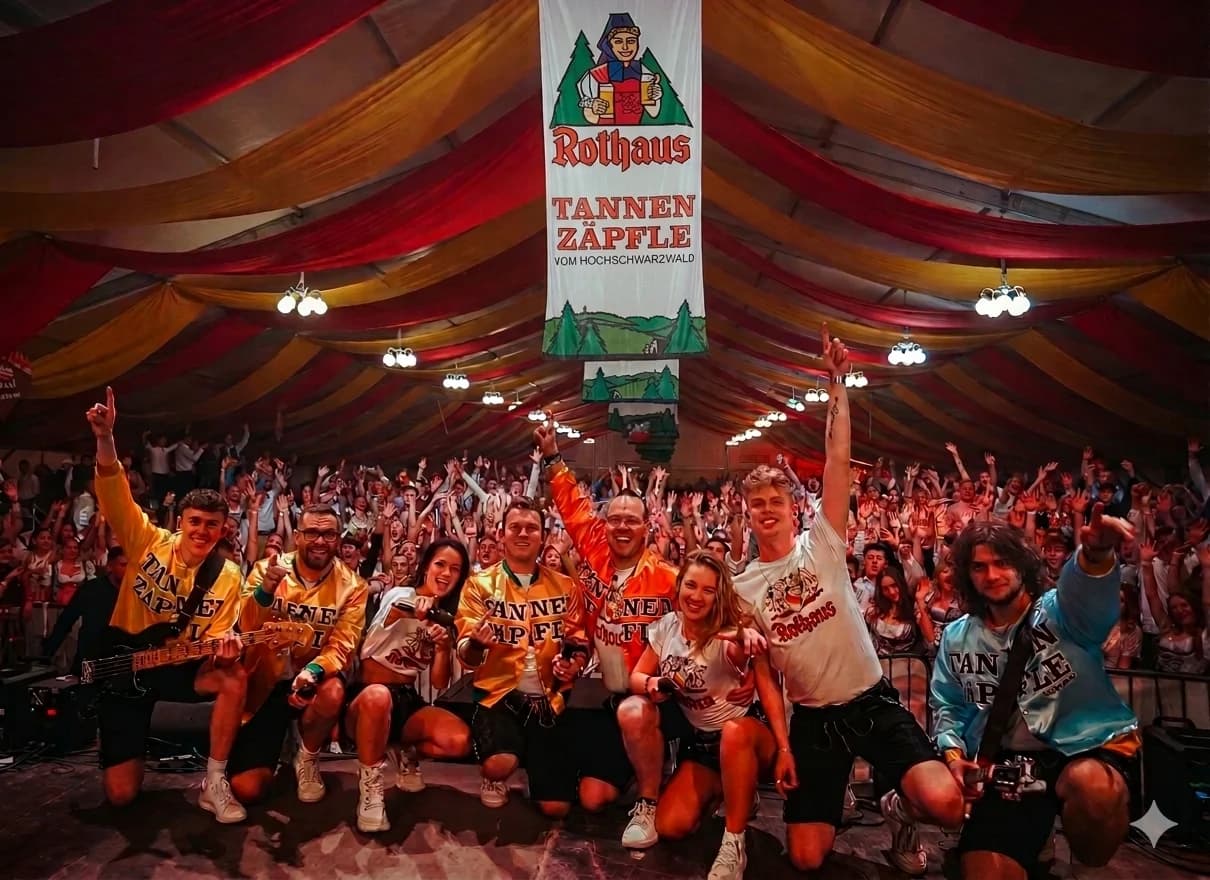 Die Tannenzäpfle Partyband vor vollem Rothaus-Festzelt